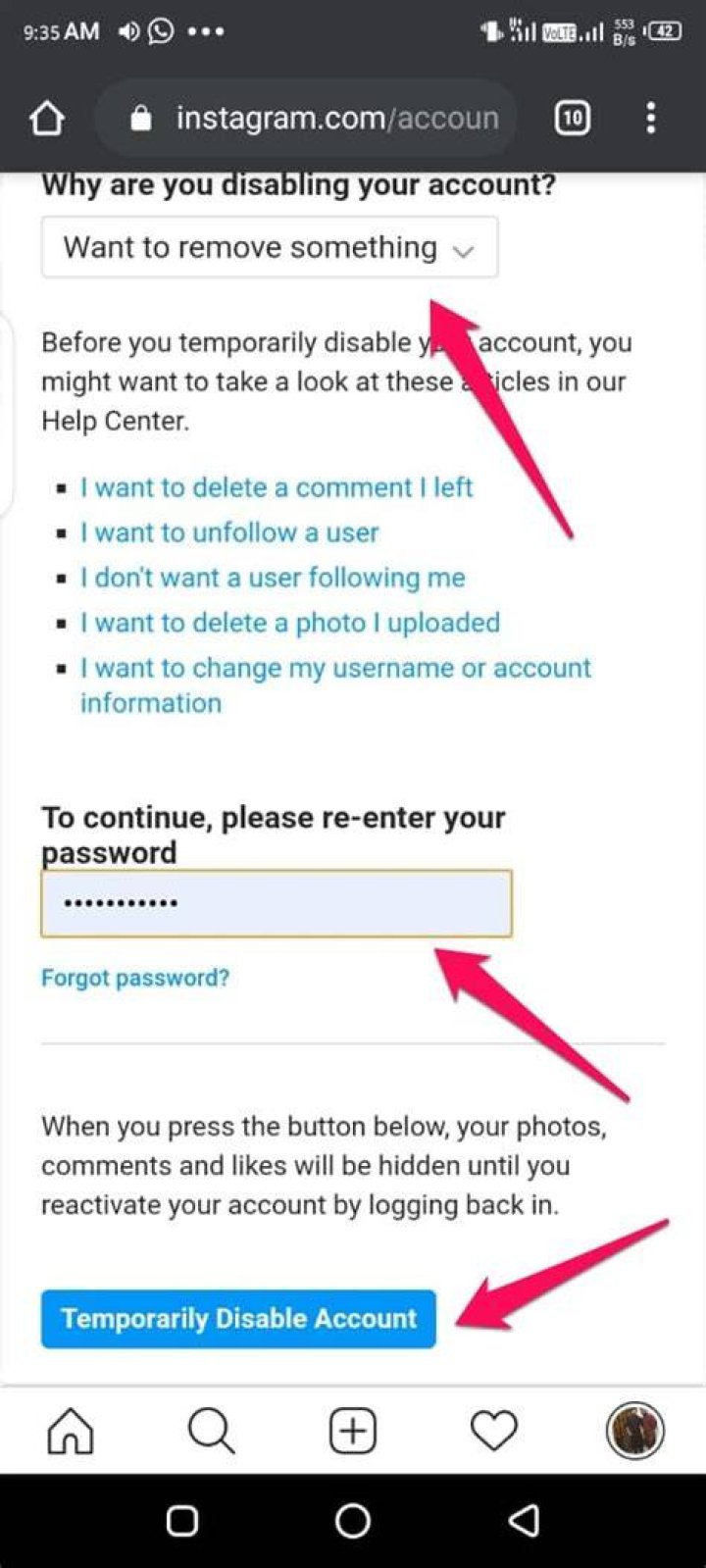 Disable your Instagram account