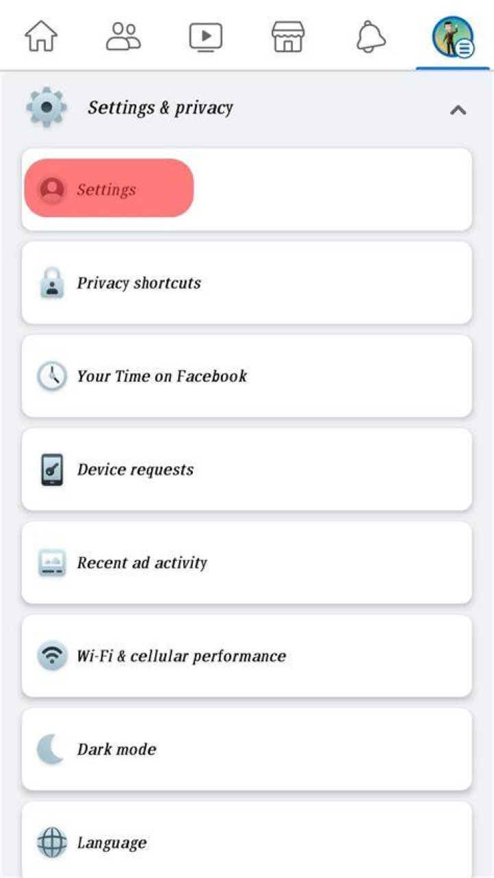 Facebook Settings Button